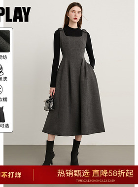 DPLAY厚款灰色连衣裙春季新款方领蝴蝶结肩带收腰法式长裙裙子