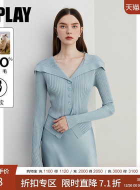 DPLAY2025秋季气质通勤蓝色圆领100羊毛针织毛衣长袖毛衫女上衣