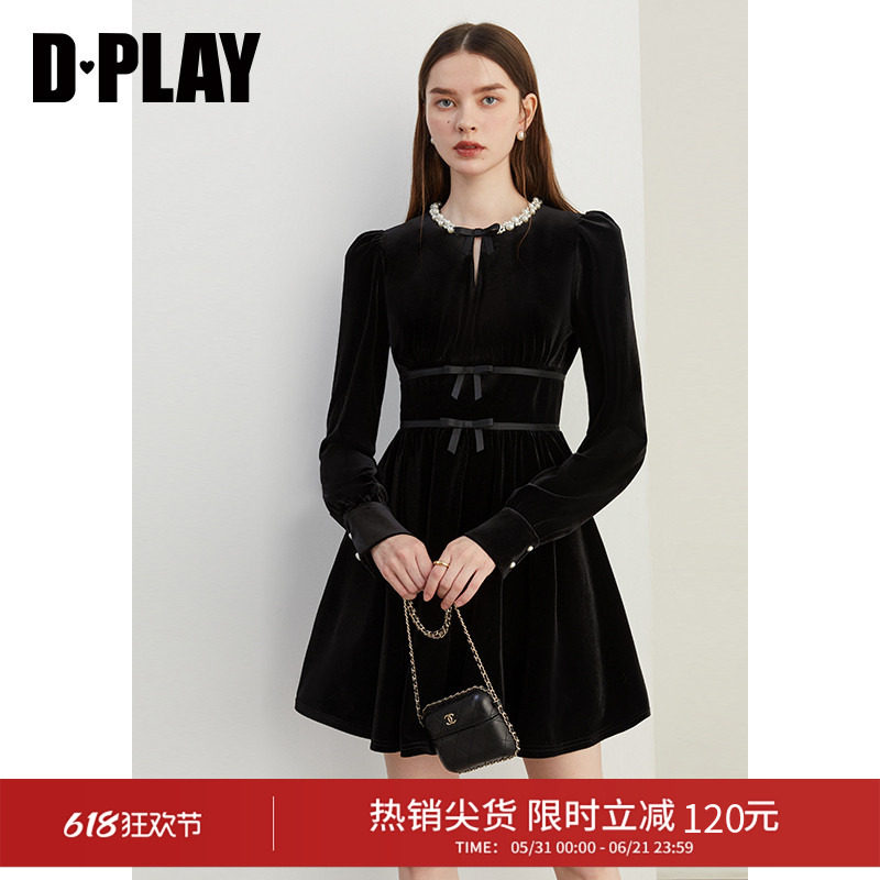 DPLAY秋季黑色珍珠感领丝绒连衣裙气质短款蝴蝶结礼服小黑裙