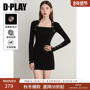 DPLAY2025年冬季新款黑色针织连衣裙女方领收腰短裙修身短款裙子