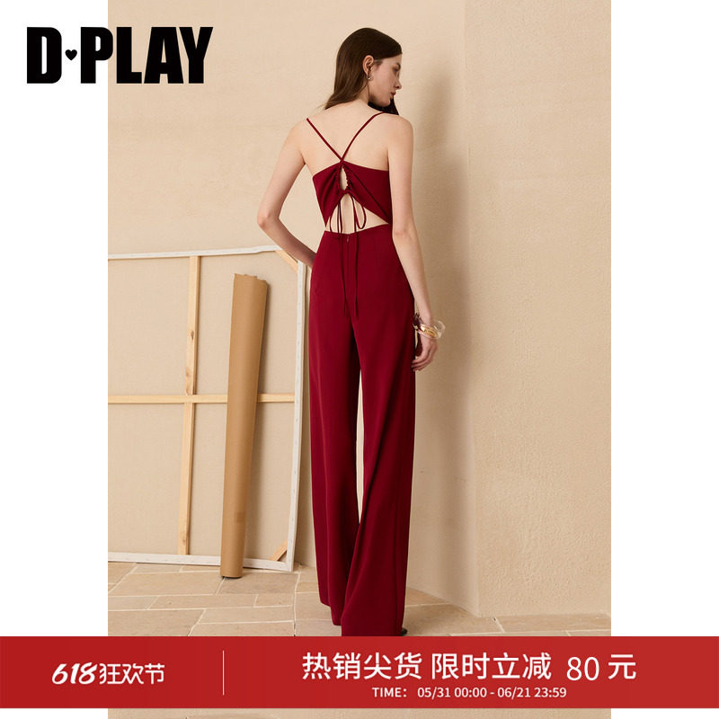 D－PLAY红色连体裤女休闲裤度假露背收腰连身裤2026年夏季直筒裤