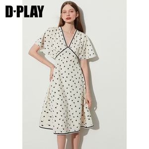 清仓DPLAY新法式优雅撞色蕾丝花边杏底黑花印花连衣裙女沙滩裙