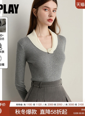 DPLAY2025年冬季新灰色翻领长袖上衣女含羊绒气质修身上衣针织衫
