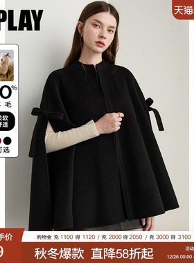 DPLAY2025年冬季新款黑色外套女斗篷100羊毛双面呢子蝴蝶结大衣