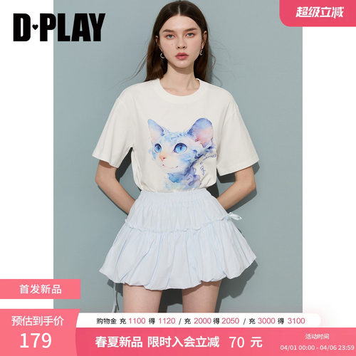 DPLAY2026年夏季新款白色猫咪印花T恤女宽松显瘦甜美百搭短袖