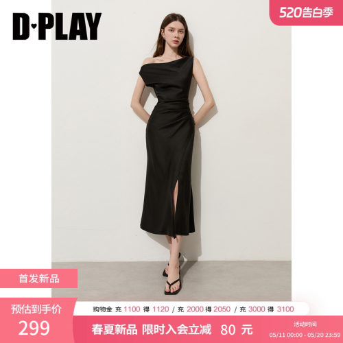 DPLAY一字肩黑色缎面连衣裙