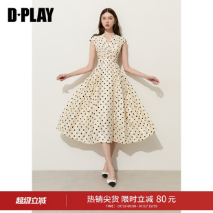 DPLAY米白色波点复古连衣裙2026年夏季新品修身收腰气质长裙