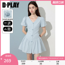 DPLAY2025夏季新款蓝色连衣裙女短款好看法式泡泡袖收腰裙子短裙