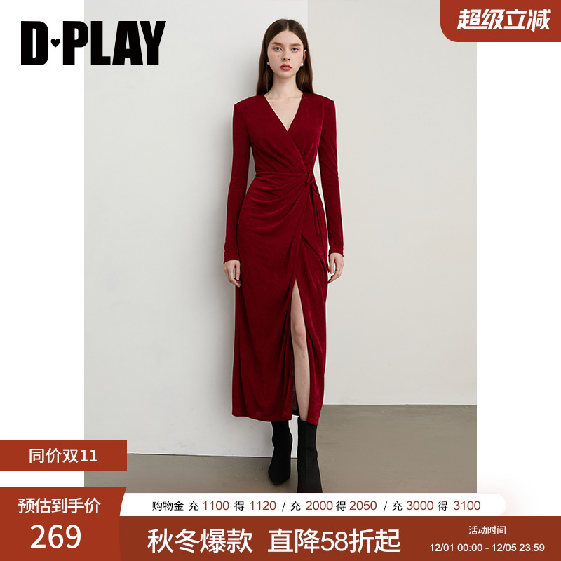 V领斜搭片蝴蝶结绑带连衣裙