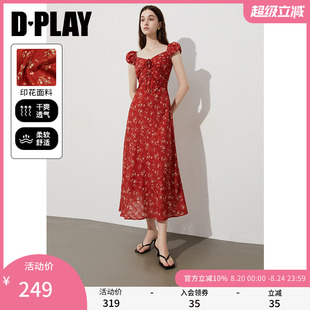DPLAY2025年夏季 度假印花裙子长裙 新款 红色连衣裙女好看气质法式