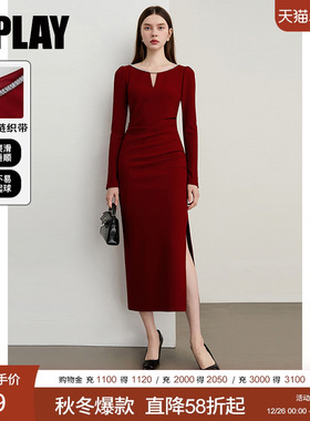DPLAY2025秋季新款红色连衣裙女开叉长裙订婚敬酒服宴会礼服裙子