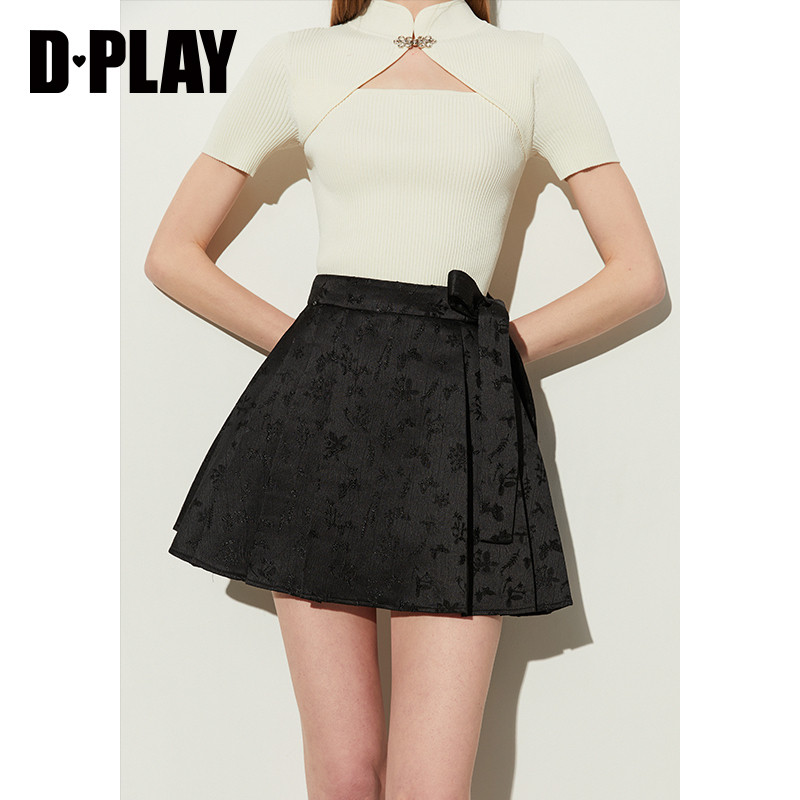 DPLAY秋季新中式马面裙黑色蝴蝶结防走光短裙重工提花汉服半身裙