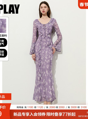 DPLAY紫色印花连衣裙2026年春季新款荷叶边系带收腰长袖长裙女