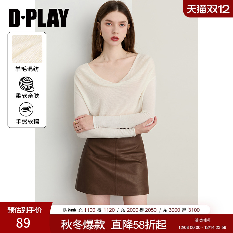 DPLAY白色微透针织衫一字领上衣