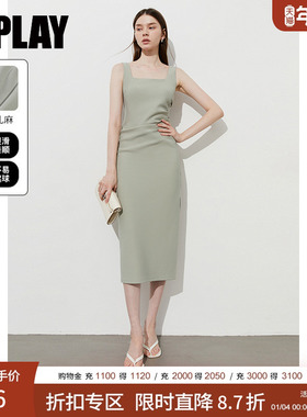 DPLAY2025年夏季新款绿色女气质修身法式裙子长裙度假吊带连衣裙