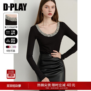 DPLAY【轻奢闪钻系列】黑色t恤漂亮小衫新款女修身独特长袖上衣