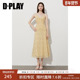 DPLAY2025年夏季 新款 黄色印花V领连衣裙女收腰木耳边气质长裙