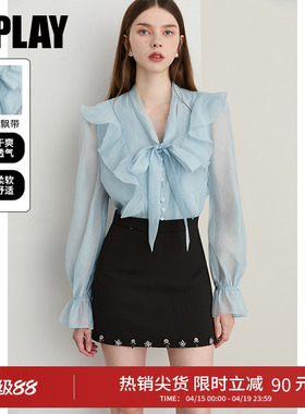 DPLAY2026春季新款蓝色衬衫女法式荷叶边衬衣泡泡袖小衫长袖上衣