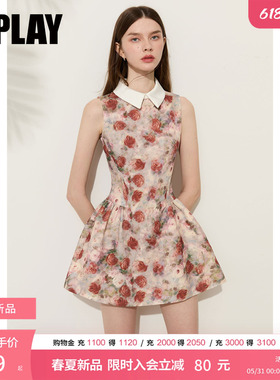 DPLAY红色印花撞色连衣裙文艺提花收腰裙子2026夏季新款女短裙