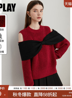 DPLAY2025冬季新款红色毛衣含羊毛蝴蝶结新年节针织衫露肩上衣女