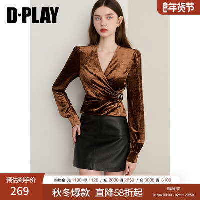 DPLAY2025年秋季新款褐色衬衫女复古丝绒衬衫女时尚长袖上衣女