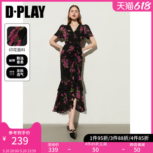 海边度假黑色印花荷叶边茶歇雪纺裙连衣裙 DPLAY2024夏季 新款