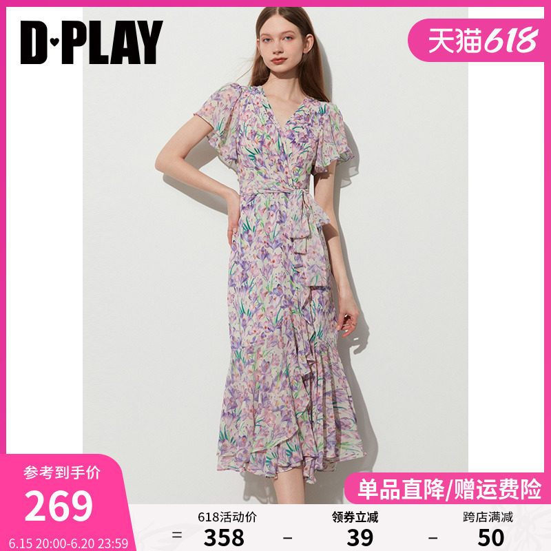 DPLAY夏新法式复古暗夜郁金香V领系带印花连衣裙度假风茶歇裙裙子