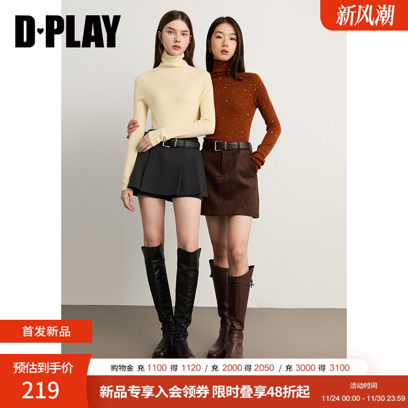 DPLAY2025年冬季新款棕色针织打底衫女高领烫钻洋气好看针织衫