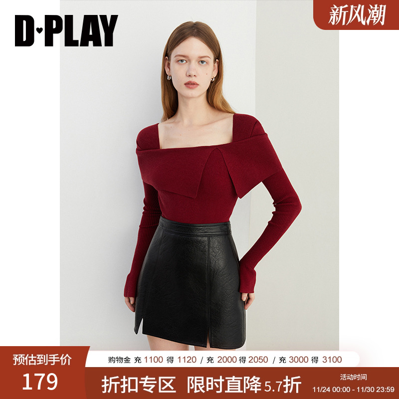DPLAY套头方领不规则开衩针织衫