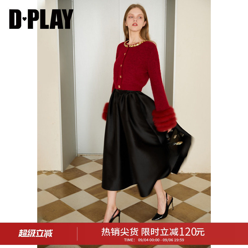 DPLAY冬季新款红色针织衫女气质钻链设计好看时髦优雅小衫