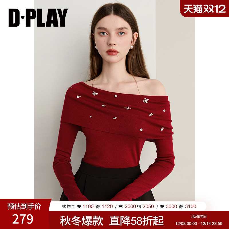 DPLAY【轻奢闪钻系列】2025年秋季新款红色打底衫修身针织衫上衣