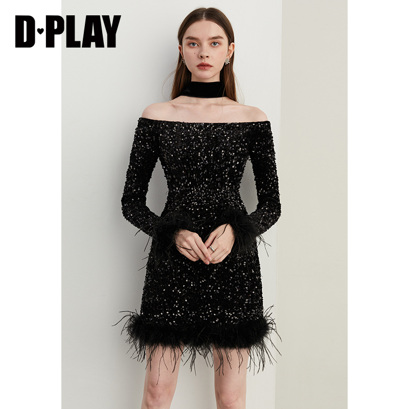 DPLAY亮片一字领礼服裙