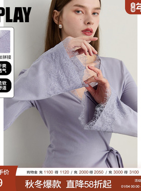 DPLAY2025年秋季新款紫色t恤女修身蕾丝拼接喇叭袖设计长袖上衣