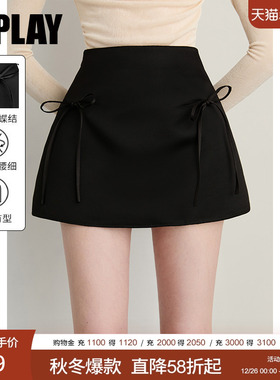 DPLAY2025年秋季新款黑色半身裙女气质蝴蝶结设计短款裙子短裙