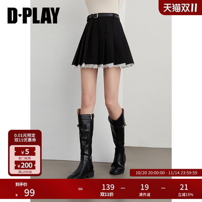 DPLAY2025秋季新款黑色半身裙女拼接蕾丝花边短款裙子百褶裙短裙