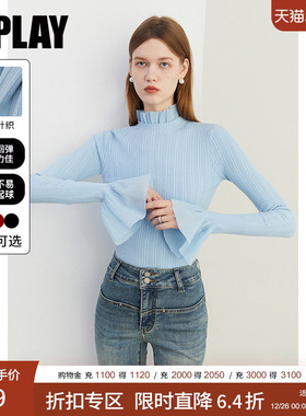 DPLAY2025秋季气质通勤蓝色半高领修身针织衫打底衫女上衣