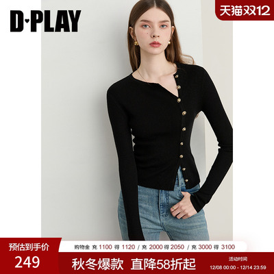 DPLAY2025年秋季新款黑色针织衫女正肩修身含羊毛上衣圆领打底衫