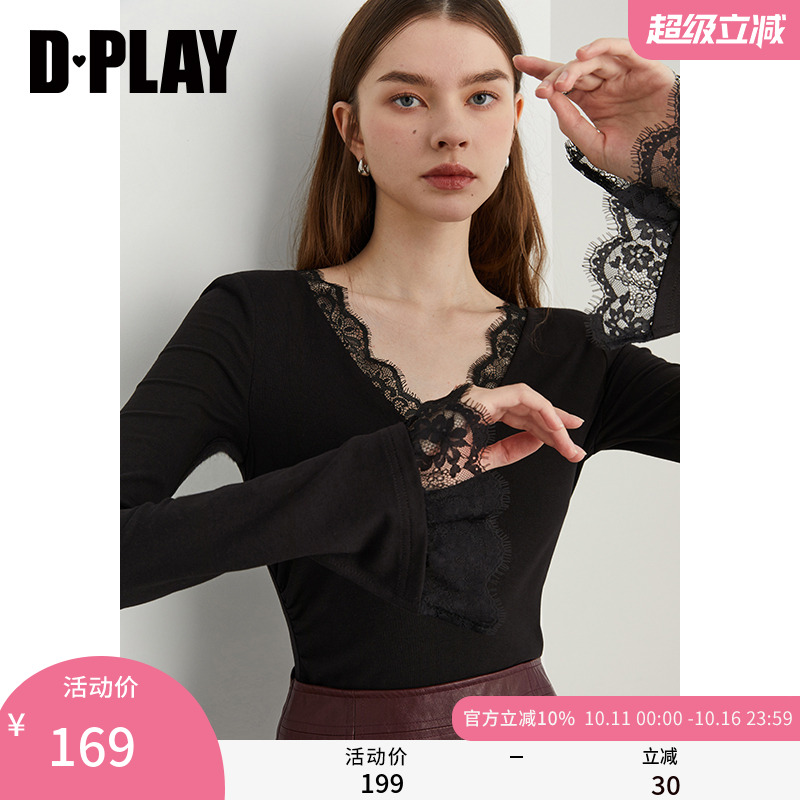 DPLAY2025秋季新款气质简约黑色T恤女洋气时尚修身打底衫小衫长袖