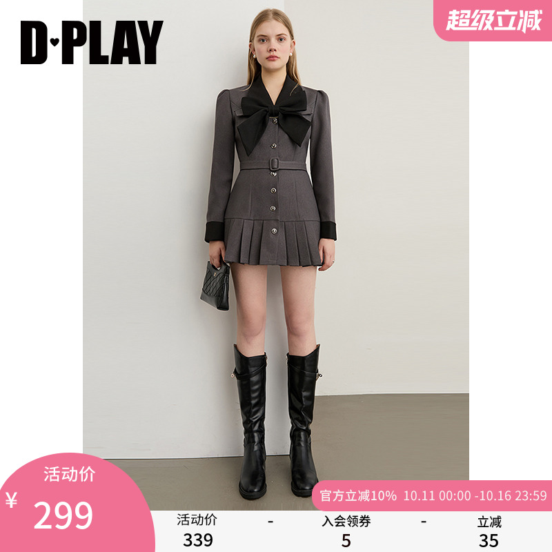 DPLAY2025年秋季新款灰色连衣裙女蝴蝶结西装裙子气质百褶裙短裙