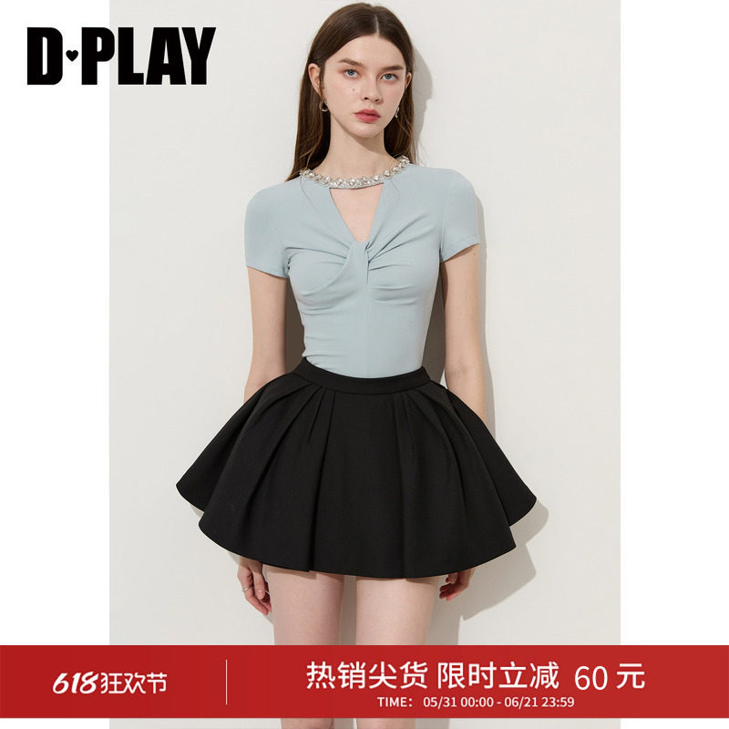 DPLAY莱赛尔蓝色T恤镂空收腰胸部扭结时尚气质小衫女2026年夏季