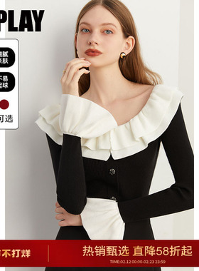 DPLAY黑色针织衫冬季气质法式气质黑白撞色荷叶边喇叭袖修身上衣