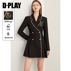 DPLAY秋轻奢小香风经典黑刺绣撞色通勤粗花呢百褶西装连衣裙