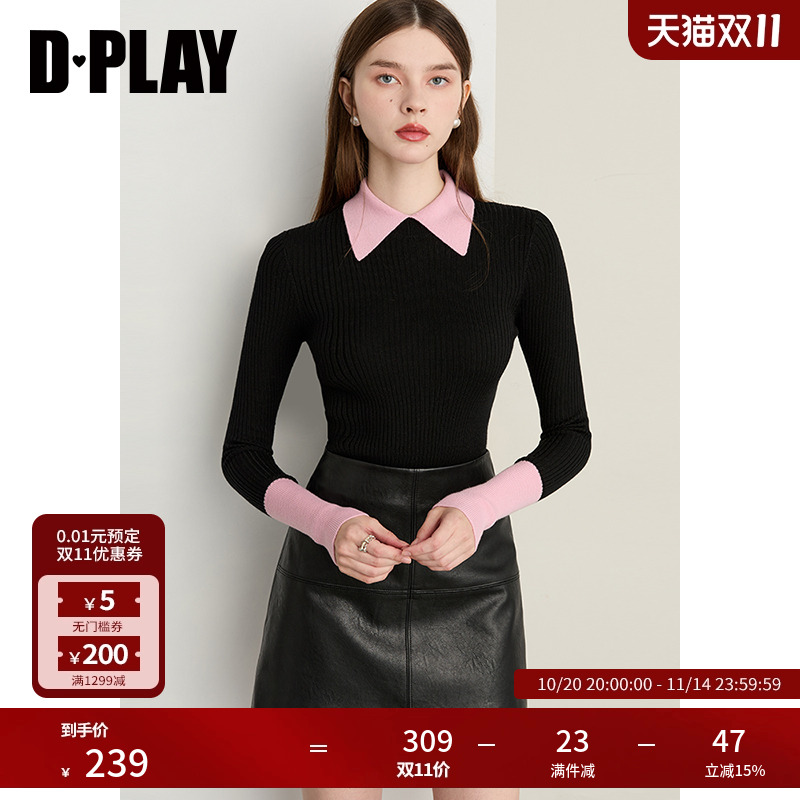 DPLAY【云朵针织系列】2025年秋季新款黑色针织衫含羊毛打底衫