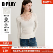 惠品 小衫 2026年春季 白色T恤衫 DPLAY 长袖 新款 女蕾丝修身 上衣