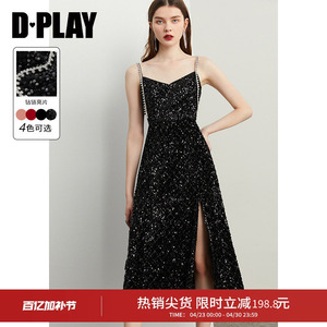 DPLAY亮片连衣裙黑色丝绒连衣裙生日晚礼服闪钻裙吊带裙会礼服
