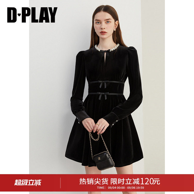 DPLAY秋季黑色珍珠感领丝绒连衣裙气质短款蝴蝶结礼服小黑裙图片