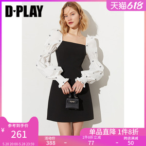 DPLAY秋装新款法式复古少女感方领机绣爱心黑白拼接连衣裙