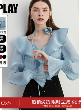 DPLAY新款气质法式蓝色流光纱衬衫女衬衣荷叶边女长袖2026春季