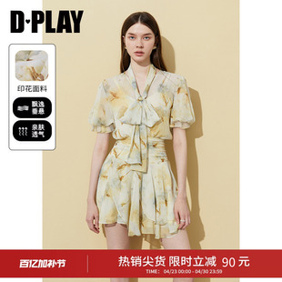 DPLAY夏季新款黄色雪纺连衣裙女短款流行收腰裙子短裙短袖