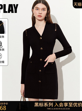 DPLAY【黑标】2025冬季新款黑色针织连衣裙小香风毛衣裙小黑裙